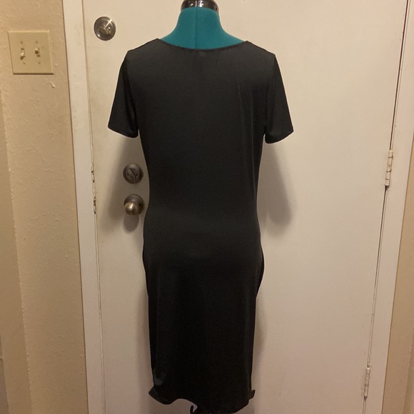 Silky Knit Dress w/pull string in front Black tight fit short sleeves v neck - Picture 5 of 9